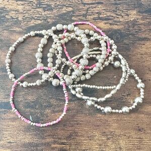 Plunder Set of 10 Gold and Coral Beaded Stretch Bracelets